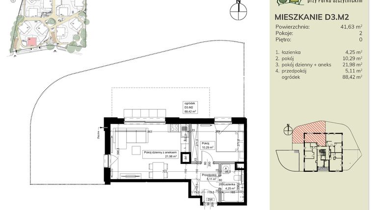 Rzut - Mieszkanie na sprzedaż 2 pokoje o powierzchni 41,63 m² - numer D3.M2 w Apartamenty przy Parku Szczytnickim