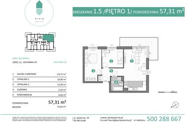 Rzut - Mieszkanie na sprzedaż 3 pokoje o powierzchni 57,31 m² - numer 02.1.5 w Port Jastarnia bud. 02, 03