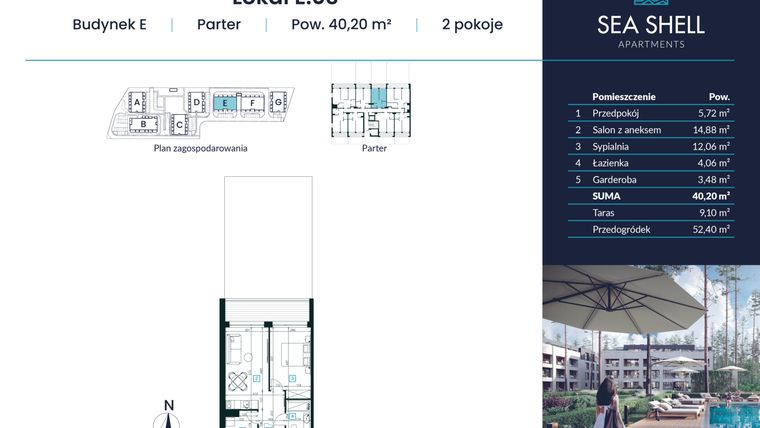 Rzut - Mieszkanie na sprzedaż 2 pokoje o powierzchni 40,2 m² - numer E.03 w Magiczny Łukęcin