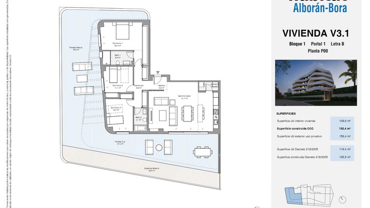 Rzut - Mieszkanie na sprzedaż 3 pokoje o powierzchni 165,5 m² - numer V1-P00-B w Habitat Alboran Bora