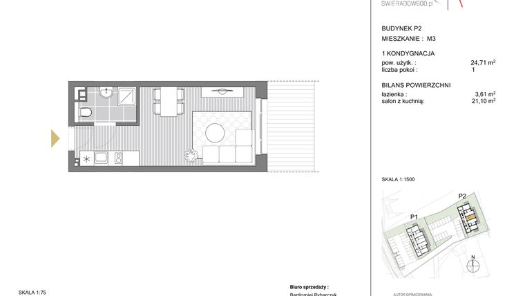 Rzut - Mieszkanie na sprzedaż 1 pokój o powierzchni 24,71 m² - numer P2 M03 w Swieradow600