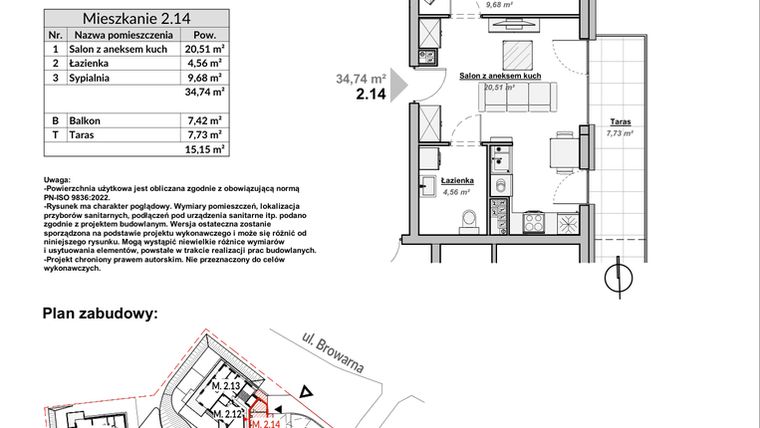 Rzut - Mieszkanie na sprzedaż 2 pokoje o powierzchni 34,74 m² - numer M2.14 w Bulwary Apartamenty