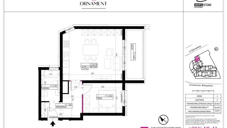 Rzut - Mieszkanie na sprzedaż 2 pokoje o powierzchni 48,6 m² - numer 43 w Ornament