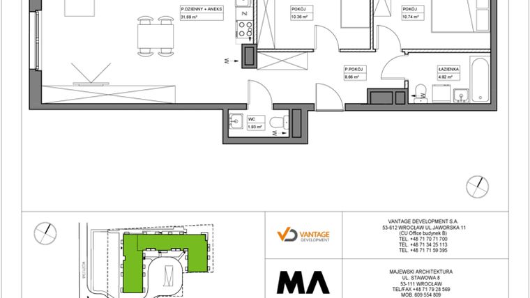Rzut - Mieszkanie na sprzedaż 3 pokoje o powierzchni 68,2 m² - numer PT/A/4/11 w Przystanek Tarnogaj
