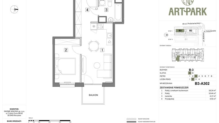 Rzut - Mieszkanie na sprzedaż 2 pokoje o powierzchni 37,78 m² - numer B.3.A302 w Inhome Osiedle ArtPark etap I