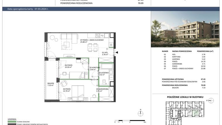 Rzut - Mieszkanie na sprzedaż 3 pokoje o powierzchni 70,09 m² - numer A-24 w Hillence