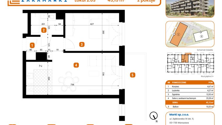 Rzut - Mieszkanie na sprzedaż 2 pokoje o powierzchni 45,15 m² - numer B1/2/03 w Zakamarki