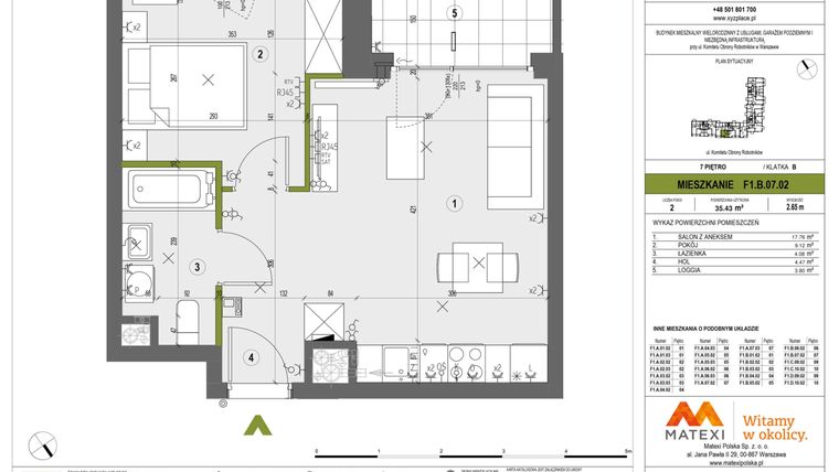 Rzut - Mieszkanie na sprzedaż 2 pokoje o powierzchni 35,43 m² - numer F1.B.07.02 w XYZ Place