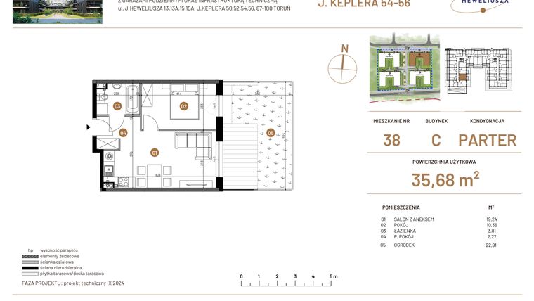 Rzut - Mieszkanie na sprzedaż 2 pokoje o powierzchni 35,68 m² - numer JAR-III-C-LM-M38 w Osiedle JAR Heweliusza etap III