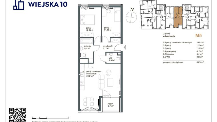 Rzut - Mieszkanie na sprzedaż 3 pokoje o powierzchni 69,74 m² - numer 5 w Wiejska 10