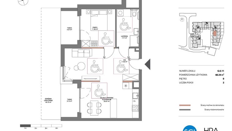 Rzut - Mieszkanie na sprzedaż 3 pokoje o powierzchni 60,24 m² - numer G.0.11 w Łopuszańska 47 - etap 2