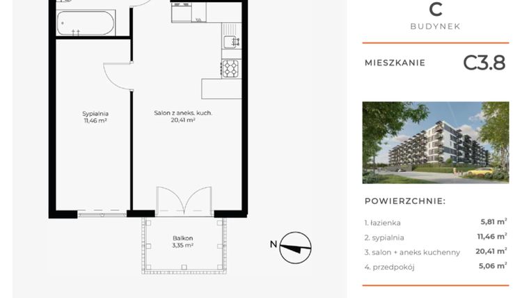 Rzut - Mieszkanie na sprzedaż 2 pokoje o powierzchni 42,74 m² - numer C3.8 w Enklawa Bukowa II
