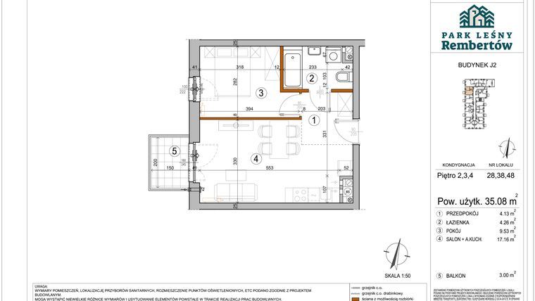 Rzut - Mieszkanie na sprzedaż 2 pokoje o powierzchni 35,08 m² - numer J2-48 w Park Leśny Rembertów etap VIII