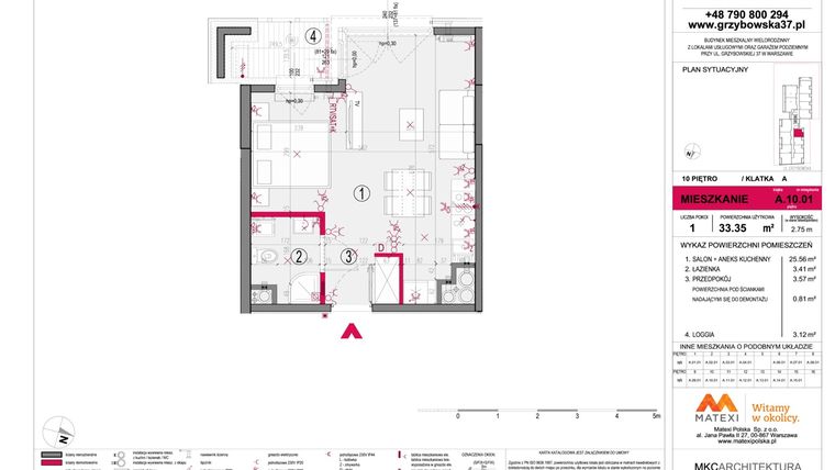 Rzut - Mieszkanie na sprzedaż 1 pokój o powierzchni 33,35 m² - numer A.10.01 w Grzybowska 37