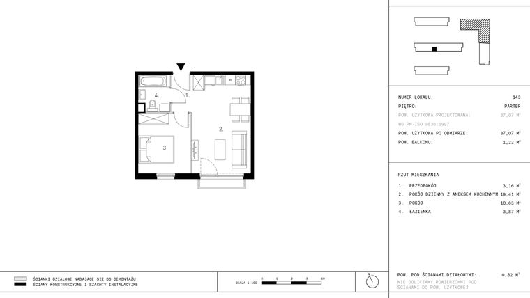 Rzut - Mieszkanie na sprzedaż 2 pokoje o powierzchni 37,07 m² - numer B5.0 w Wynalazek 3A