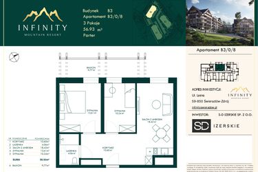Rzut - Mieszkanie na sprzedaż 3 pokoje o powierzchni 56,93 m² - numer B3.0.8 w Infinity Mountain Resort