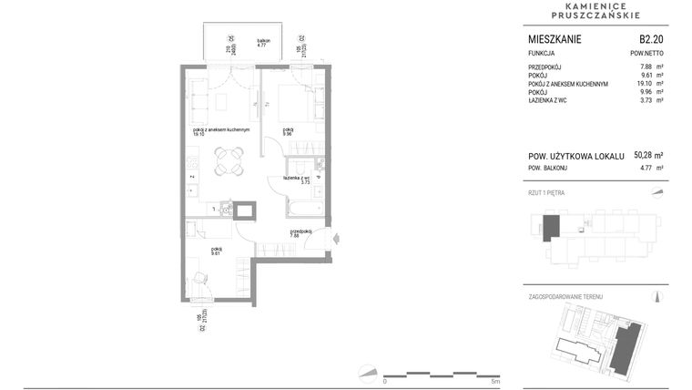 Rzut - Mieszkanie na sprzedaż 3 pokoje o powierzchni 50,28 m² - numer B2.20 w Kamienice Pruszczańskie