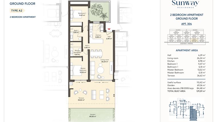 Rzut - Mieszkanie na sprzedaż 2 pokoje o powierzchni 113,42 m² - numer 304 w Sunway