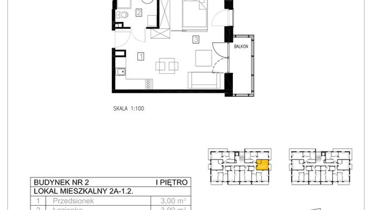 Rzut - Mieszkanie na sprzedaż 1 pokój o powierzchni 31,61 m² - numer 2A-1.2 w Gardenia Pogodno