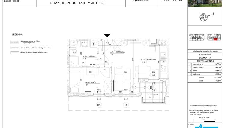 Rzut - Mieszkanie na sprzedaż 2 pokoje o powierzchni 37,37 m² - numer A8 w Podgórki Tynieckie
