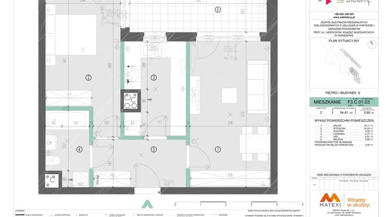 Rzut - Mieszkanie na sprzedaż 2 pokoje o powierzchni 54,9 m² - numer F3.C.01.03 w Na Bielany! etap III