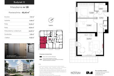 Rzut - Mieszkanie na sprzedaż 3 pokoje o powierzchni 62,43 m² - numer B12.M3B w Novum Rumia