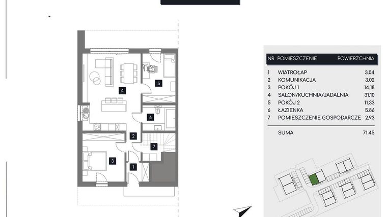 Rzut - Mieszkanie na sprzedaż 3 pokoje o powierzchni 71,45 m² - numer M9A w Rudava Park
