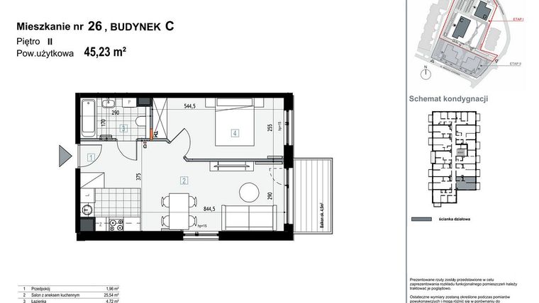 Rzut - Mieszkanie na sprzedaż 2 pokoje o powierzchni 45,23 m² - numer C26 w Apartamenty Kopernika