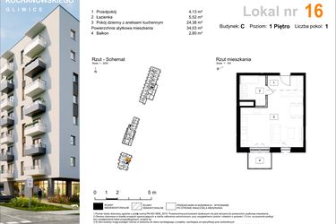 Rzut - Mieszkanie na sprzedaż 1 pokój o powierzchni 34,03 m² - numer C.16 w Osiedle Kochanowskiego - Gliwice