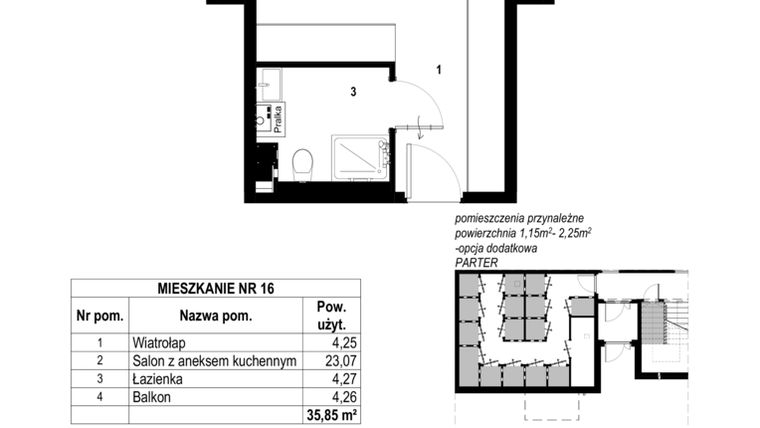 Rzut - Mieszkanie na sprzedaż 1 pokój o powierzchni 35,85 m² - numer 16 w Osiedle Różane etap 5