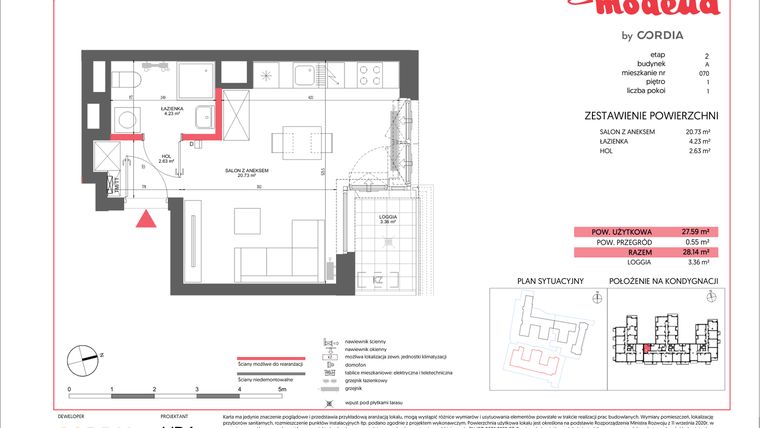 Rzut - Mieszkanie na sprzedaż 1 pokój o powierzchni 27,59 m² - numer A.070 w Modena II
