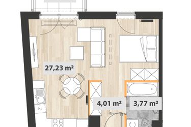 Rzut - Mieszkanie na sprzedaż 1 pokój o powierzchni 35,57 m² - numer A.03.01 w Na Okrzei