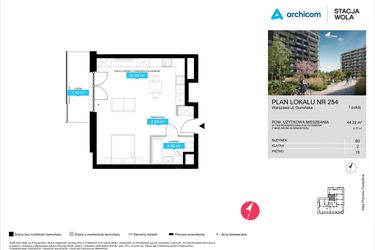 Rzut - Mieszkanie na sprzedaż 2 pokoje o powierzchni 44,22 m² - numer B3.254 w Stacja Wola - Etap III