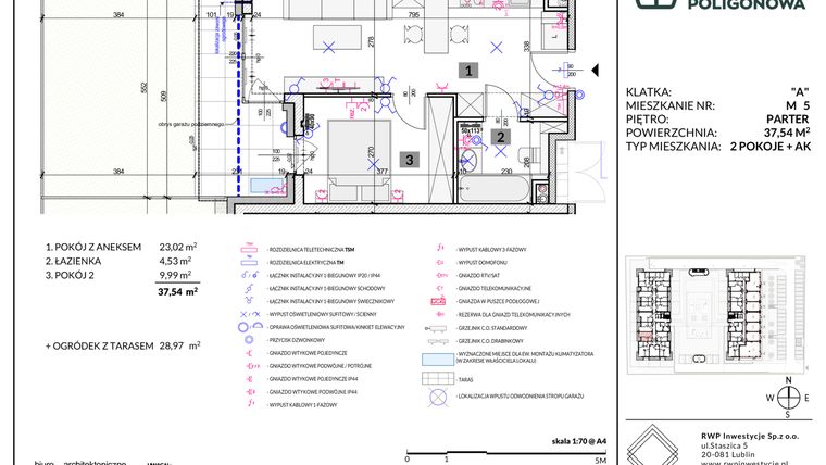 Rzut - Mieszkanie na sprzedaż 2 pokoje o powierzchni 37,54 m² - numer 5 w Apartamenty Poligonowa etap 5