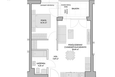 Rzut - Mieszkanie na sprzedaż 2 pokoje o powierzchni 43,14 m² - numer WO/P3/24 w Wiszące Ogrody