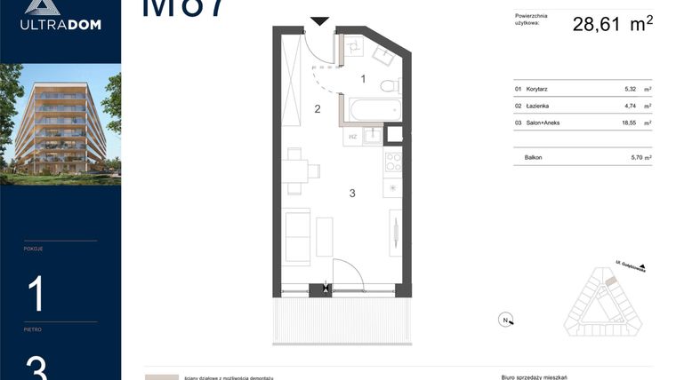 Rzut - Mieszkanie na sprzedaż 1 pokój o powierzchni 28,61 m² - numer M087 w Ultradom