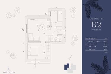 Rzut - Mieszkanie na sprzedaż 4 pokoje o powierzchni 44,4 m² - numer B2 w Rysulówka 70