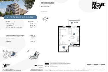 Rzut - Mieszkanie na sprzedaż 1 pokój o powierzchni 31,59 m² - numer A1.1.1.M6 w Nowe Promenady