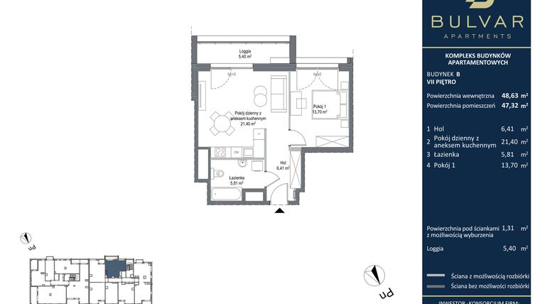 Rzut - Mieszkanie na sprzedaż 2 pokoje o powierzchni 48,63 m² - numer B.8.04 w Bulvar Apartments - etap II