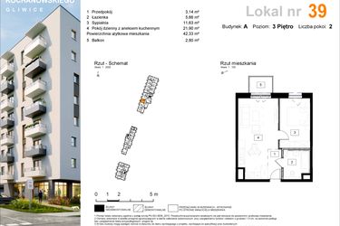 Rzut - Mieszkanie na sprzedaż 2 pokoje o powierzchni 42,61 m² - numer A.39 w Osiedle Kochanowskiego - Gliwice