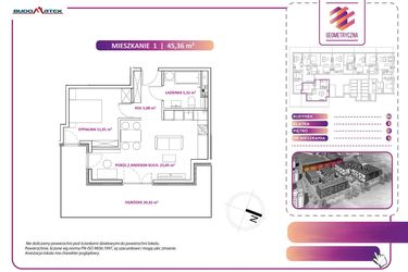 Rzut - Mieszkanie na sprzedaż 2 pokoje o powierzchni 45,36 m² - numer 1B w Geometryczna 5 - etap 3