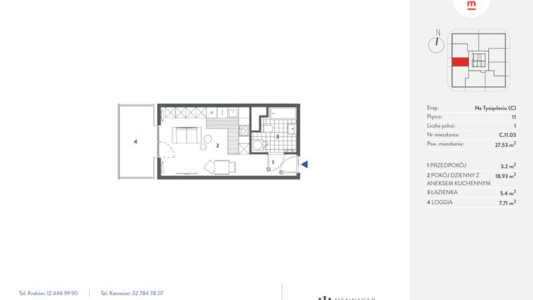 Rzut - Mieszkanie na sprzedaż 1 pokój o powierzchni 27,53 m² - numer C.11.03 w Mieszkaj w mieście - Na Tysiącleciu budynek C