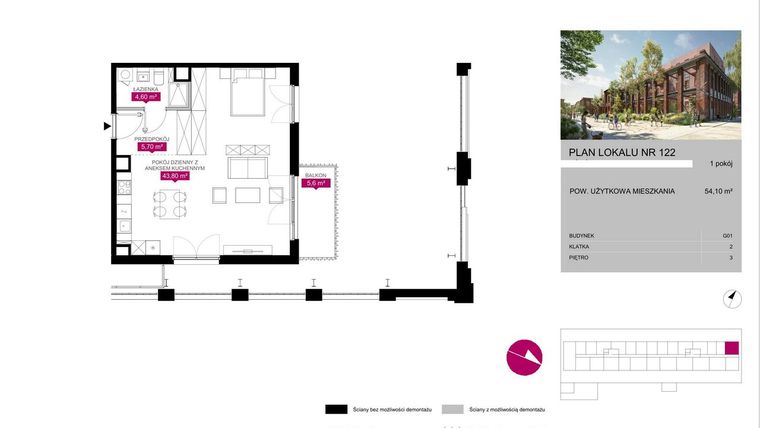 Rzut - Mieszkanie na sprzedaż 1 pokój o powierzchni 54,09 m² - numer 122 w Fuzja Mieszkania Loftowe
