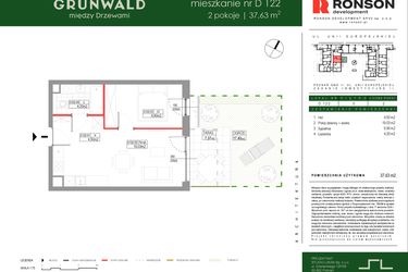 Rzut - Mieszkanie na sprzedaż 2 pokoje o powierzchni 37,63 m² - numer D122 w Grunwald Między Drzewami etap III