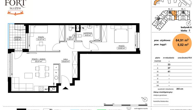 Rzut - Mieszkanie na sprzedaż 3 pokoje o powierzchni 64,91 m² - numer A.33 w Fort Służew