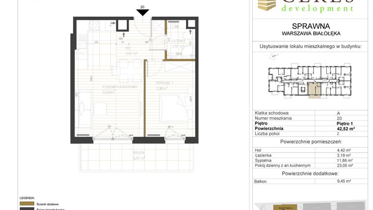 Rzut - Mieszkanie na sprzedaż 2 pokoje o powierzchni 42,52 m² - numer A20 w Osiedle Sprawna