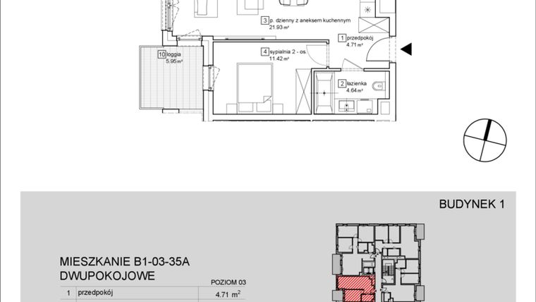 Rzut - Mieszkanie na sprzedaż 2 pokoje o powierzchni 42,7 m² - numer B1-03-35A w Francuska Park IX