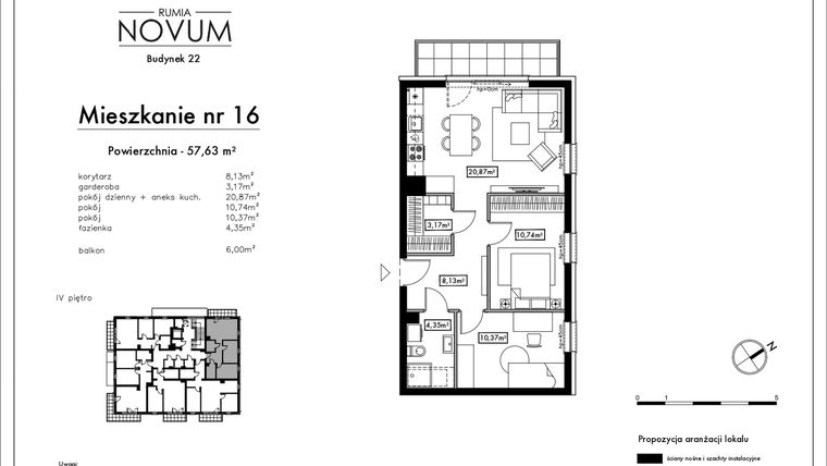 Rzut - Mieszkanie na sprzedaż 3 pokoje o powierzchni 57,63 m² - numer B22.M16 w Novum Rumia - bud. 22