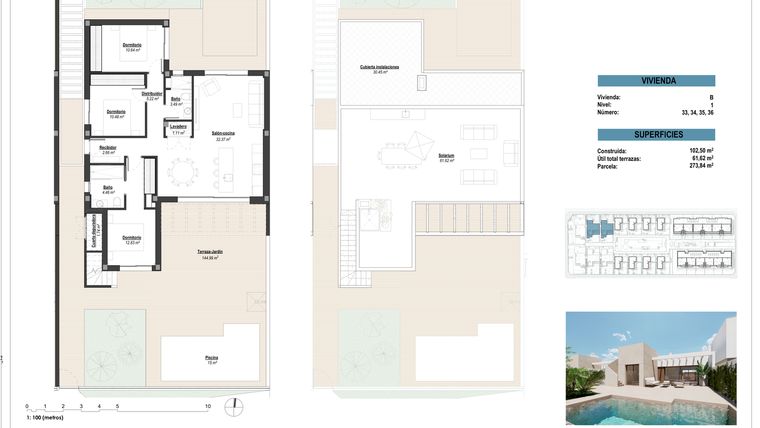 Rzut - Dom na sprzedaż 3 pokoje o powierzchni 102,5 m² - numer 33 w Domy w Los Alcázares - 51759931
