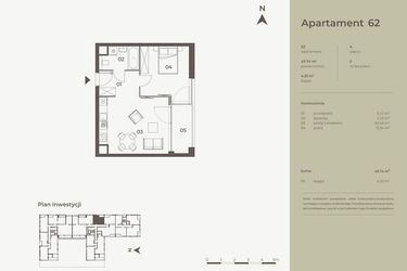 Rzut - Mieszkanie na sprzedaż 2 pokoje o powierzchni 43,74 m² - numer 62 w Monument